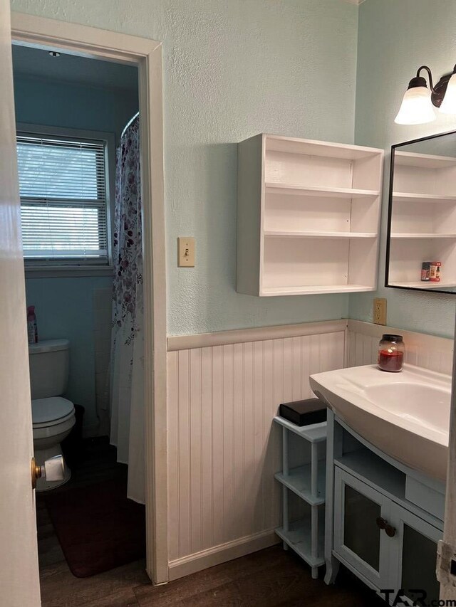 bathroom featuring wood-type flooring, toilet, and vanity