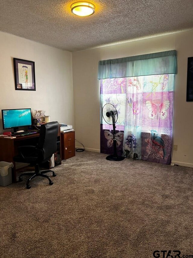 carpeted office featuring a textured ceiling