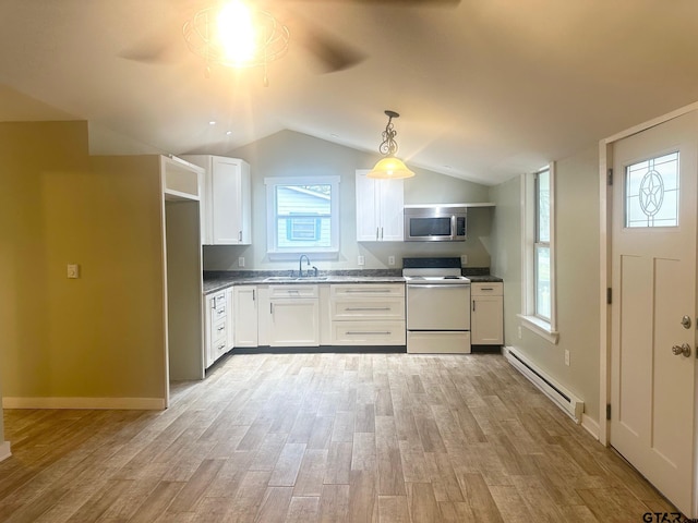 kitchen with pendant lighting, white electric stove, a baseboard radiator, sink, and white cabinets