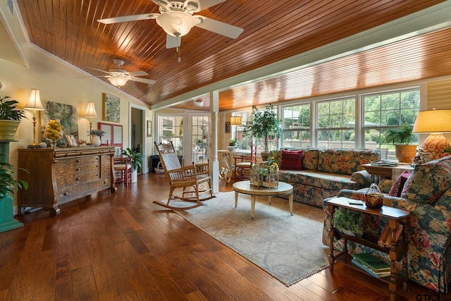 living room with lofted ceiling, hardwood / wood-style floors, wooden ceiling, and ceiling fan