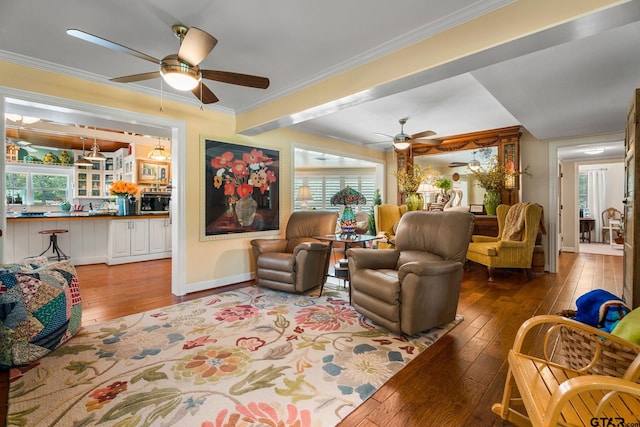 living room with hardwood / wood-style flooring, ceiling fan, and crown molding