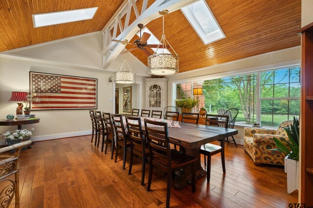 dining area with hardwood / wood-style flooring, ceiling fan, high vaulted ceiling, and a skylight