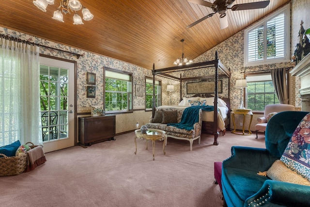 bedroom with access to exterior, carpet flooring, an inviting chandelier, high vaulted ceiling, and wood ceiling