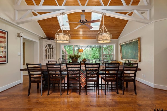 dining space featuring wood ceiling, hardwood / wood-style flooring, high vaulted ceiling, ceiling fan, and a skylight