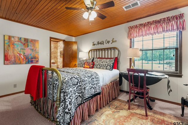 carpeted bedroom with wood ceiling, ceiling fan, and ensuite bathroom