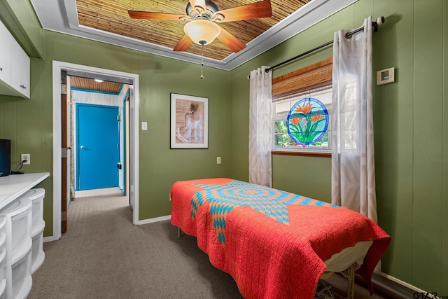 carpeted bedroom featuring wooden ceiling and ceiling fan