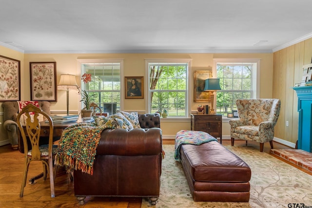 living room featuring hardwood / wood-style flooring and crown molding