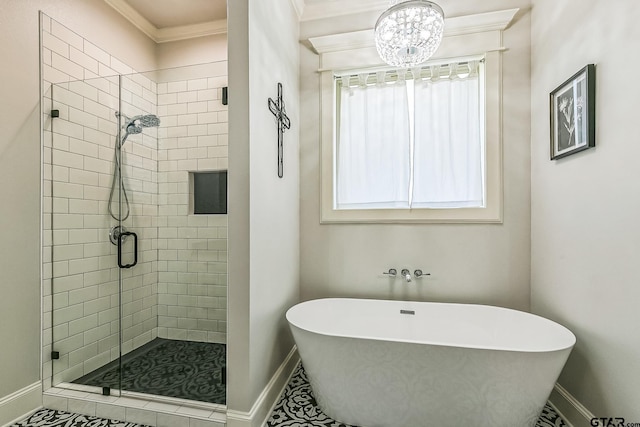 bathroom with tile patterned floors, shower with separate bathtub, and ornamental molding