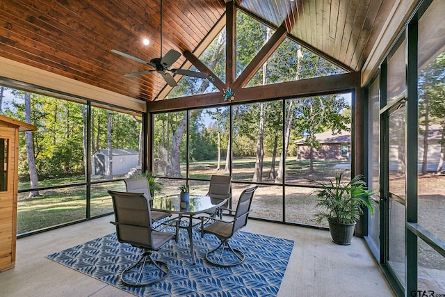 sunroom with lofted ceiling, ceiling fan, and wood ceiling