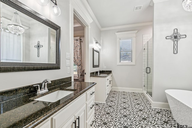 bathroom featuring vanity, shower with separate bathtub, and crown molding