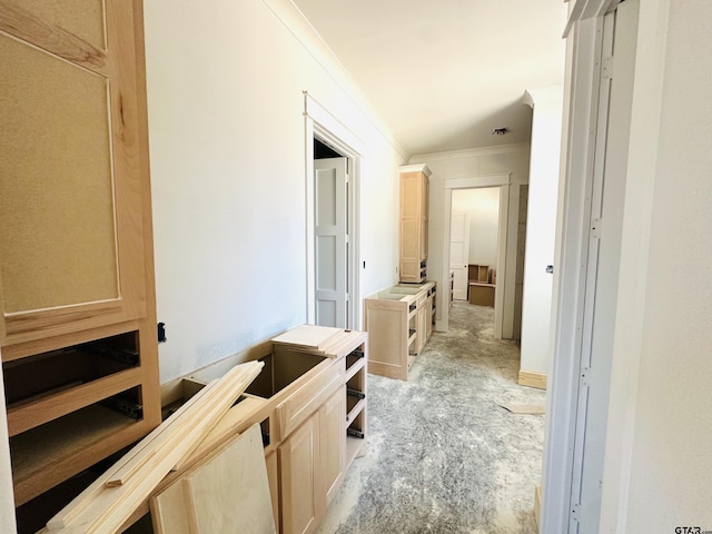 corridor with ornamental molding and concrete flooring