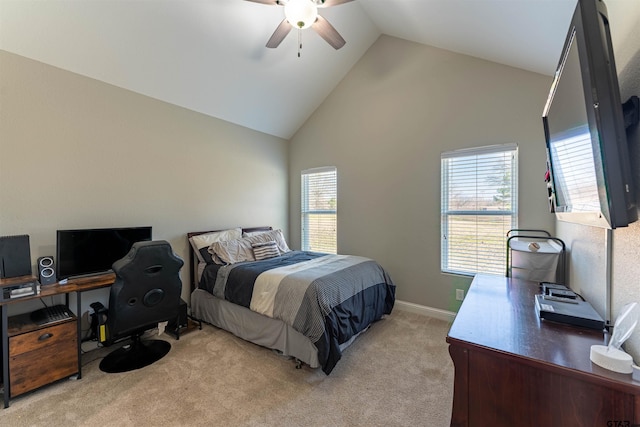 bedroom with ceiling fan, high vaulted ceiling, and light colored carpet