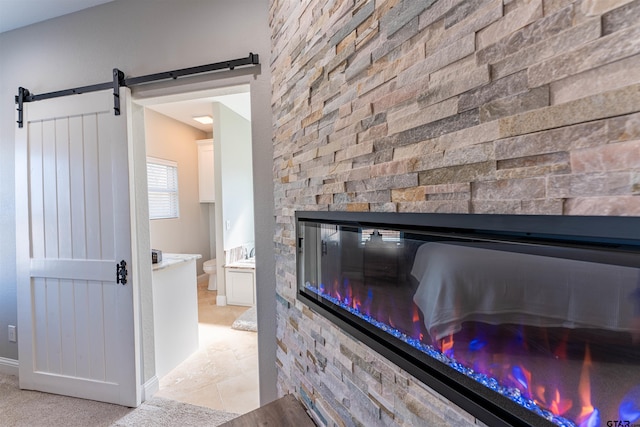 interior space with a stone fireplace