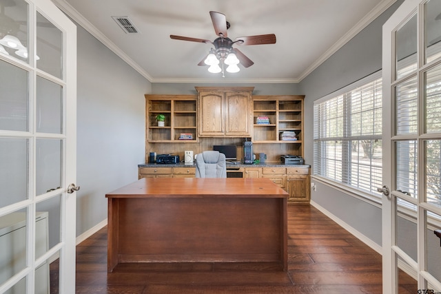 office area featuring dark hardwood / wood-style flooring, french doors, ceiling fan, and crown molding