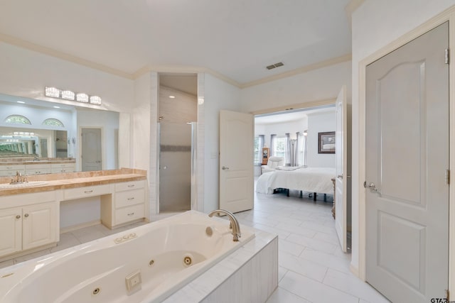 bathroom featuring tile patterned flooring, vanity, separate shower and tub, and crown molding