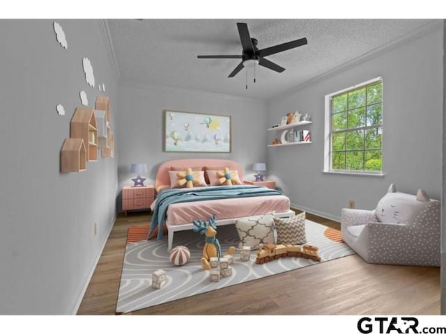 526 Ronnette Dr, Tyler, TX 75703 - bedroom with ornamental molding, wood finished floors, a textured ceiling, baseboards, and a ceiling fan