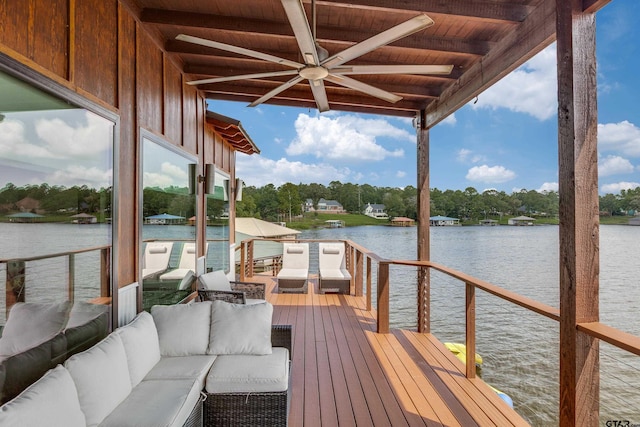 16822 Perry St, Tyler, TX 75707 - wooden deck with an outdoor living space, a water view, and ceiling fan