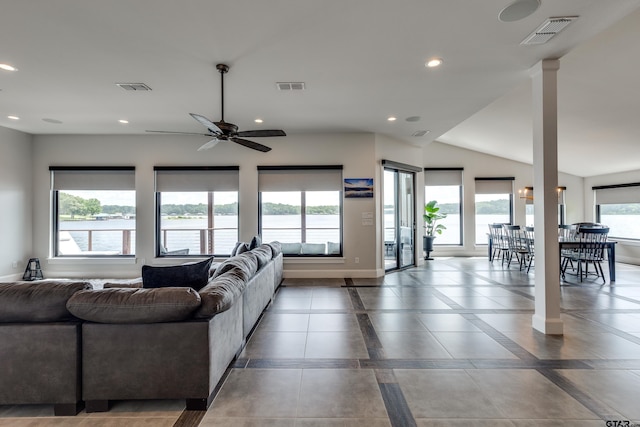 16822 Perry St, Tyler, TX 75707 - living room with recessed lighting, ceiling fan, and a water view