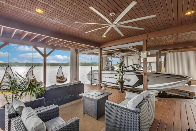 16822 Perry St, Tyler, TX 75707 - dock area with boat lift, a water view, and outdoor lounge area