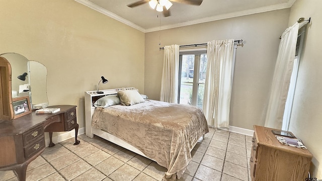 bedroom featuring crown molding, light tile patterned floors, and ceiling fan