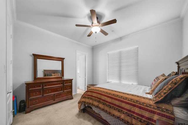 bedroom with ornamental molding, light colored carpet, and ceiling fan