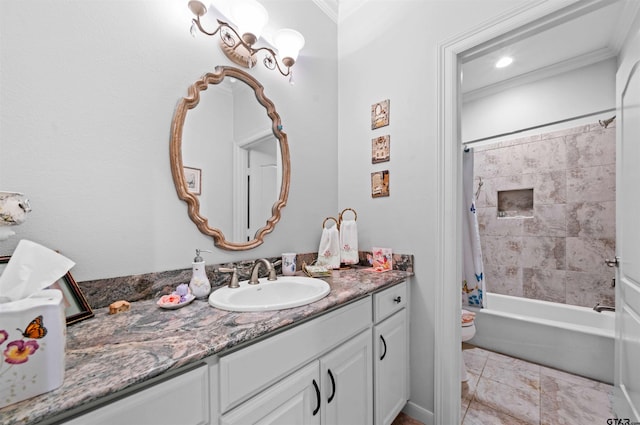 full bathroom with ornamental molding, vanity, shower / bath combination with curtain, and toilet