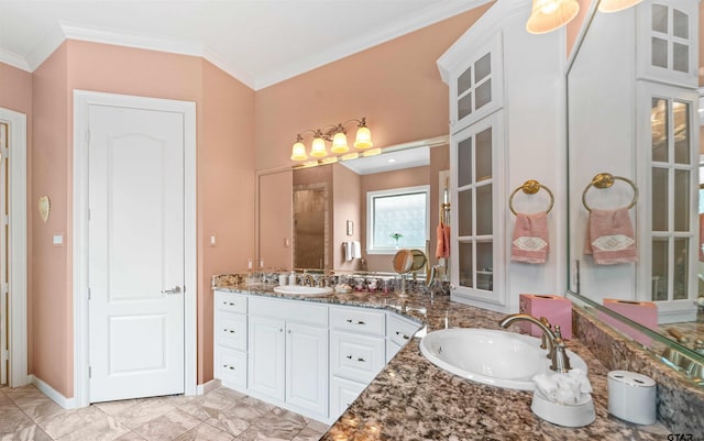 bathroom with vanity and ornamental molding