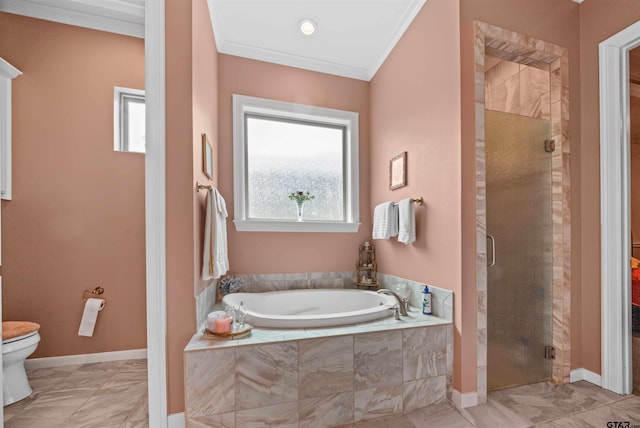 bathroom featuring shower with separate bathtub, crown molding, and toilet