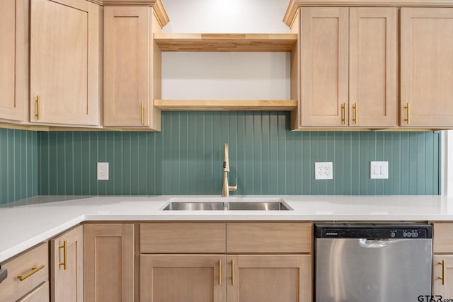 kitchen featuring dishwasher, open shelves, a sink, and light brown cabinetry