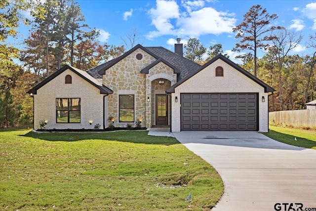 french country home with a garage and a front lawn