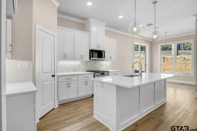 kitchen featuring white cabinetry, stainless steel appliances, sink, and a center island with sink