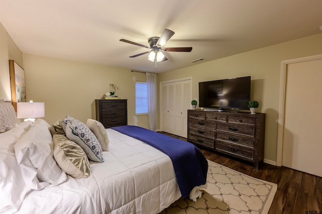 bedroom featuring ceiling fan, a closet, and dark wood-type flooring