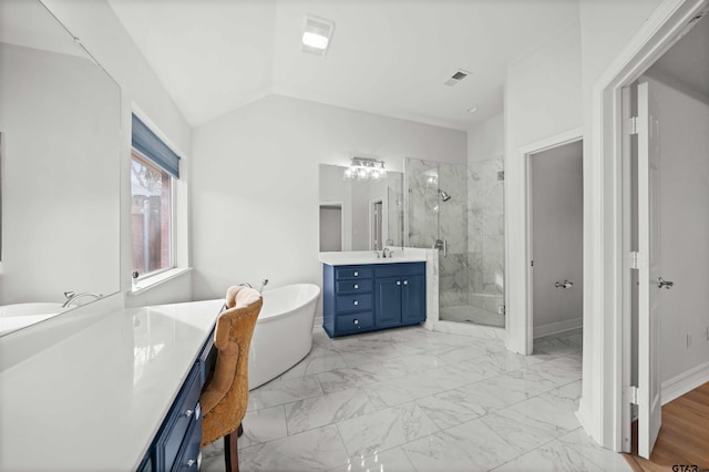 bathroom featuring vanity, plus walk in shower, and lofted ceiling