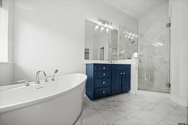 bathroom featuring shower with separate bathtub, vanity, and lofted ceiling