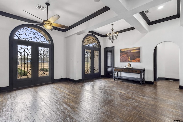 foyer featuring coffered ceiling, dark hardwood / wood-style floors, and french doors