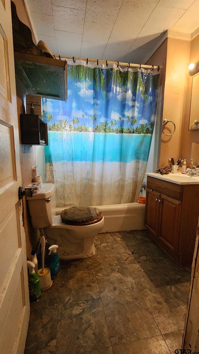 full bathroom with vanity, toilet, and shower / bathtub combination with curtain