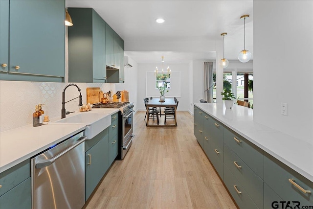 kitchen with decorative backsplash, sink, hanging light fixtures, light wood-type flooring, and appliances with stainless steel finishes