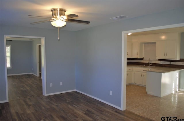 interior space featuring dark hardwood / wood-style floors, ceiling fan, and sink