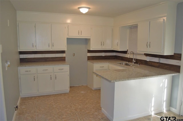 kitchen featuring white cabinets, backsplash, kitchen peninsula, and sink