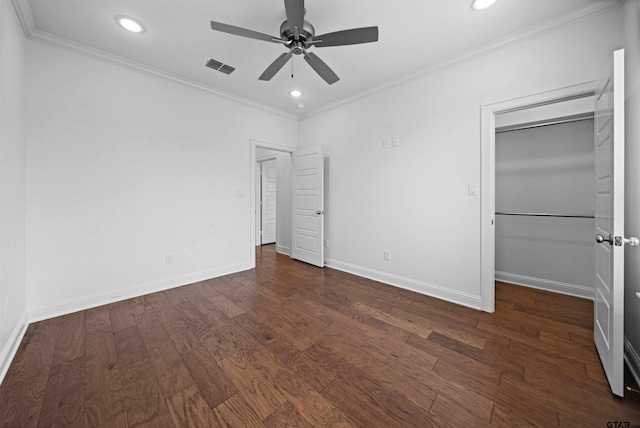 4132 Palo Pinto Creek Cir, Tyler, TX 75703 - unfurnished bedroom featuring recessed lighting, dark wood-type flooring, baseboards, crown molding, and a spacious closet