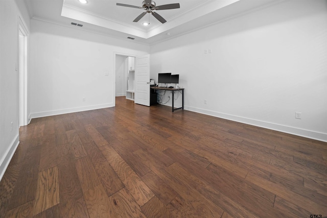 4132 Palo Pinto Creek Cir, Tyler, TX 75703 - unfurnished living room featuring crown molding, a raised ceiling, ceiling fan, wood finished floors, and a desk