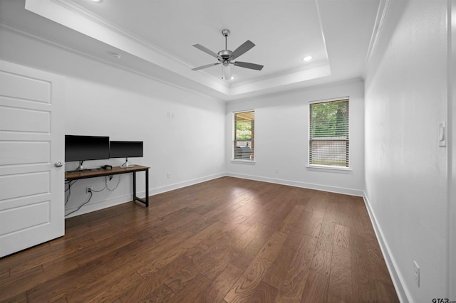 4132 Palo Pinto Creek Cir, Tyler, TX 75703 - unfurnished office with ornamental molding, ceiling fan, a raised ceiling, dark wood-type flooring, and baseboards