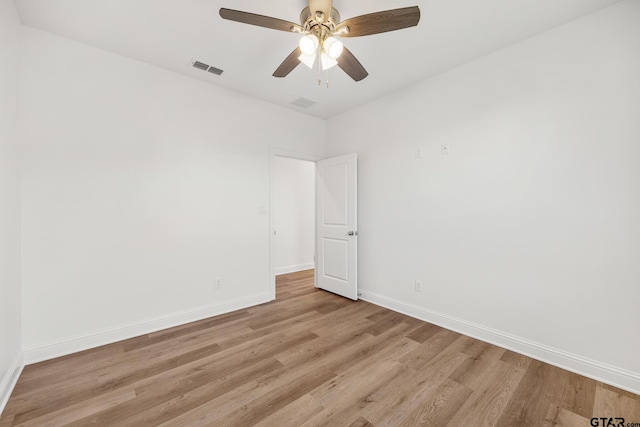 empty room featuring ceiling fan and light hardwood / wood-style flooring