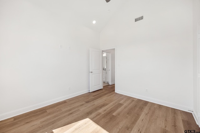 482 Mary Cir, Bullard, TX 75757 - empty room featuring high vaulted ceiling, baseboards, light wood-style flooring, recessed lighting, and ceiling fan