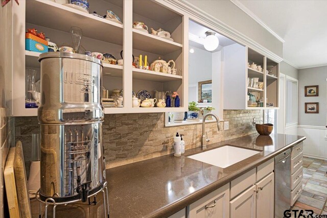 17599 Autumn Trl, Whitehouse, TX 75791 - kitchen featuring dishwasher, ornamental molding, open shelves, and a sink