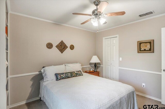 17599 Autumn Trl, Whitehouse, TX 75791 - bedroom with ornamental molding, baseboards, visible vents, and carpet flooring