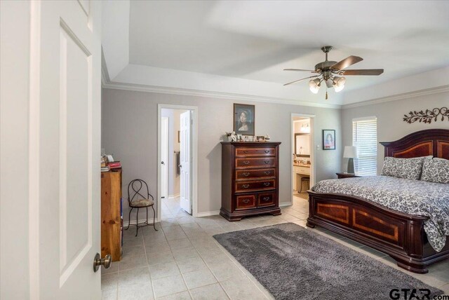 17599 Autumn Trl, Whitehouse, TX 75791 - bedroom with baseboards, ornamental molding, light tile patterned floors, and ceiling fan