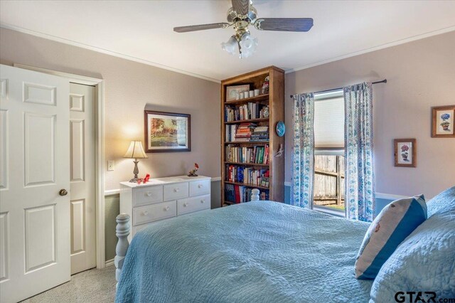 17599 Autumn Trl, Whitehouse, TX 75791 - bedroom with ceiling fan, light colored carpet, and ornamental molding