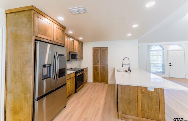 kitchen featuring sink, appliances with stainless steel finishes, and light hardwood / wood-style flooring