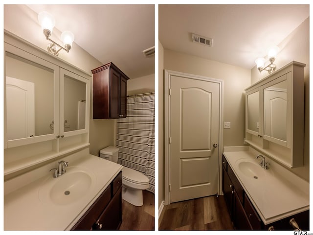 bathroom with vanity, hardwood / wood-style flooring, and toilet